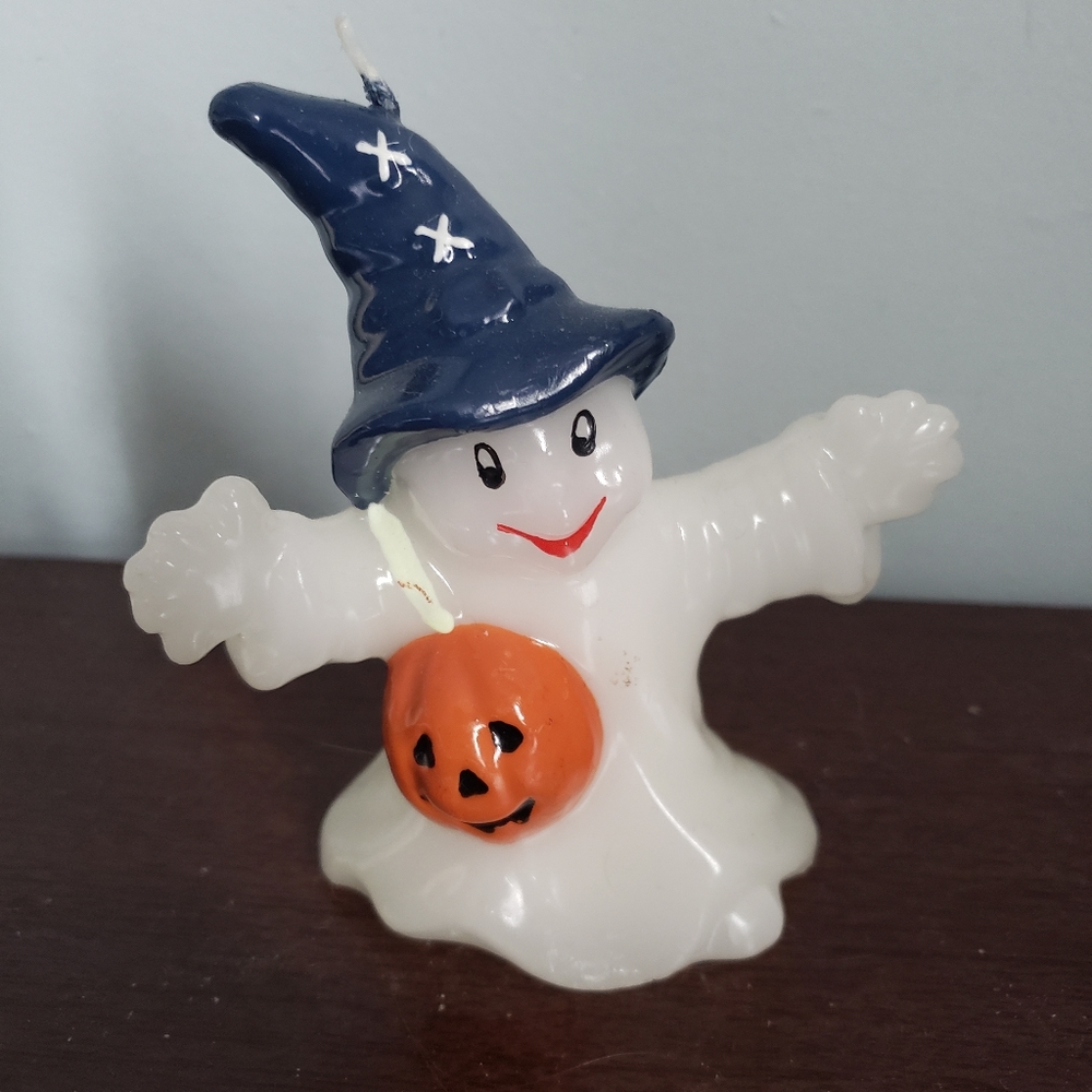 Halloween Ghost Candle with Navy Witch Hat and Orange Pumpkin